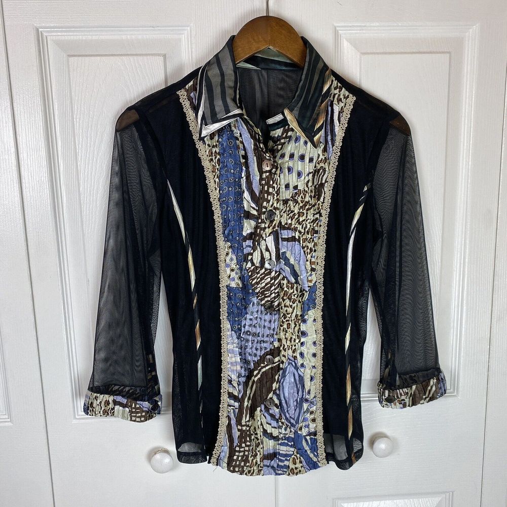 Y2K S Small Mesh Artsy Art To Wear Satin Button Down Shirt Blouse Top Pintuck